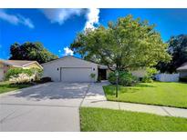 Charming house exterior with a two-car garage and lush landscaping at 4008 Greenmark Ln, Valrico, FL 33596