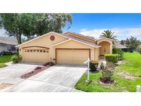 Tan two-story house with a double car garage at 13400 Norman Cir, Hudson, FL 34669