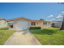 Ranch-style home with a single garage and well-manicured lawn at 7341 Castanea Dr, Port Richey, FL 34668