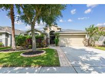 Charming single-story home with a two-car garage and manicured lawn at 6843 Runner Oak Dr, Wesley Chapel, FL 33545