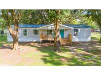 Charming home featuring a quaint porch, vibrant blue door and mature trees in a spacious yard at 12106 Dagwood Way, Riverview, FL 33579