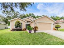 House exterior with two-car garage and well-manicured lawn at 13235 Meadow Golf Ave, Hudson, FL 34669