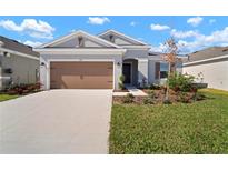 Charming single-story home featuring a well-manicured lawn, neutral paint, and a two-car garage at 6218 Hidden Branch, Apollo Beach, FL 33572