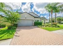 Two-story house with gray garage door and brick driveway at 19501 Sea Myrtle Way, Tampa, FL 33647