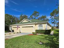 Tan house with green roof, three-car garage, and manicured lawn at 34735 Double Eagle Ct, Zephyrhills, FL 33541
