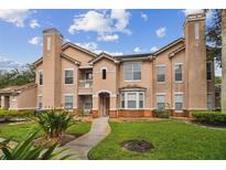 Inviting two-story townhome with a well-manicured lawn and walkway leading to the front door at 10409 Villa View Cir, Tampa, FL 33647