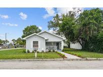 Charming one-story home with light blue siding, a front porch, green lawn and mature trees at 402 E Emma St, Tampa, FL 33603