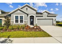 Two-story home with gray exterior, landscaping, and two-car garage at 6258 Broad Field Ave, Apollo Beach, FL 33572