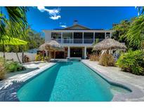 Inviting backyard oasis with a sparkling pool, thatched tiki huts, and lush landscaping at 262 Banana Rd, Palm Harbor, FL 34683