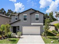 Two-story house with gray siding, white garage door, and landscaping at 6267 Back Forty Loop, Zephyrhills, FL 33541