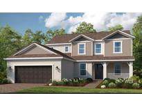 Two-story home with brown siding, dark brown garage door, and landscaping at 16227 Alpha Grove Pl, Odessa, FL 33556