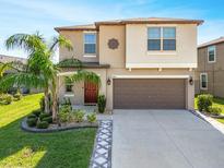 Two-story house with two car garage, landscaping, and solar panels at 9641 Channing Hill Dr, Ruskin, FL 33573