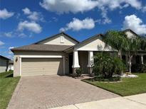 Tan house with beige garage door, landscaping, and palm trees at 13240 Satin Lily Dr, Riverview, FL 33579