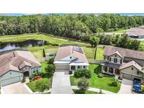 Aerial view of three houses and a pond at 13420 Palmera Vista Dr, Riverview, FL 33579