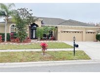 Beautiful one-story home with a three-car garage and landscaped yard at 18122 Palm Beach Dr, Tampa, FL 33647