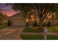 Charming single-Gathering home with a manicured front lawn, mature tree, and two-car garage at 4206 Branchside Ln, Wesley Chapel, FL 33543