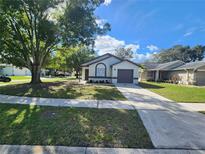 Single-story home with attached garage and well-manicured lawn at 13625 Laraway Dr, Riverview, FL 33579