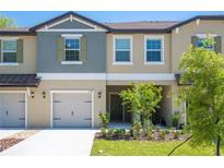 Tan and gray two-story townhome with two-car garage and small front yard at 17399 Nectar Flume Dr, Land O Lakes, FL 34638