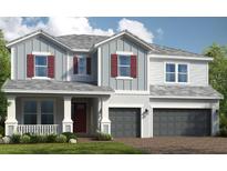 Two-story home with gray siding, red shutters, and a three-car garage at 16212 Alpha Grove Pl, Odessa, FL 33556