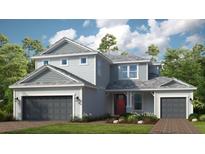 Two-story home with gray siding, red door, and two-car garage at 16240 Alpha Grove Pl, Odessa, FL 33556