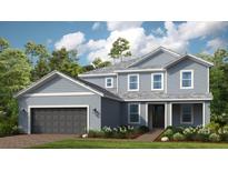 Two-story house with gray siding, dark gray garage door, and landscaping at 11178 Manor House Ln, Odessa, FL 33556