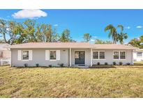 Charming ranch house with gray brick exterior and manicured lawn at 18721 Yocam Ave, Lutz, FL 33549