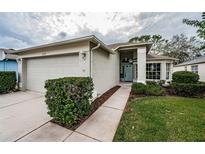 Single-story house with attached garage and teal door at 1439 Hickory Moss Pl, Trinity, FL 34655