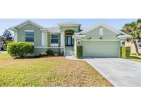 Beautiful one-story house with a green exterior, landscaping, and a two-car garage at 1002 Pondview Ct, Tarpon Springs, FL 34689