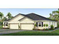 Two-car garage, light beige exterior, dark roof, landscaping at 18357 Cropside Trl, Bradenton, FL 34211