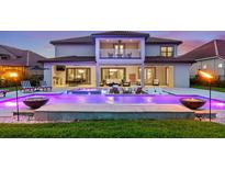 Stunning backyard oasis with a luxurious pool, cozy fire pit, and ample seating for outdoor relaxation and entertainment at 8414 Dunham Station Dr, Tampa, FL 33647