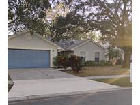 Tan one-story house with light blue garage door and landscaping at 10420 Ashley Oaks Dr, Riverview, FL 33578