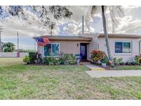 Exterior view of a tan house with a well-maintained lawn and American flag at 3832 Sailmaker Ln, Holiday, FL 34691