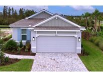 Single-story home with gray siding, tile roof, and landscaped yard at 29456 Velletri Ln, Wesley Chapel, FL 33543