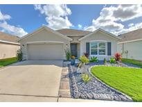 Modern house exterior with a two-car garage, well-manicured lawn, and attractive landscaping at 555 Calico Scallop St, Ruskin, FL 33570