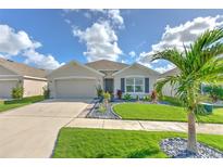 Charming single-story home with a well-manicured lawn and a palm tree in the front yard at 555 Calico Scallop St, Ruskin, FL 33570