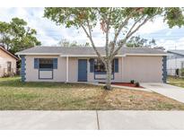 Tan house with blue accents, a gray roof, and a landscaped yard at 8832 Huntsman Ln, Port Richey, FL 34668