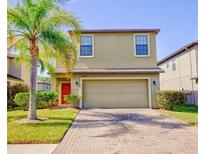 Tan two-story house with red door and palm tree at 20028 Satin Leaf Ave, Tampa, FL 33647