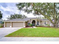 House exterior, a tan two-story house with a three car garage and lush landscaping at 2821 Winding Trail Dr, Valrico, FL 33596