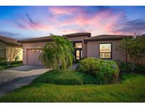 Single-story home with attached garage, landscaping and a pink exterior at 306 Silver Falls Dr, Apollo Beach, FL 33572