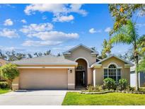 Tan house with two-car garage and landscaping at 11342 Cypress Reserve Dr., Tampa, FL 33626