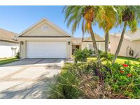 House exterior featuring a two-car garage and well-maintained landscaping at 9708 Little Pond Way, Tampa, FL 33647