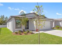 Single-story home with gray exterior, landscaping and a two-car garage at 29596 Fedora Cir, Brooksville, FL 34602