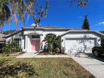 Single-story home with pink door, two-car garage, and well-manicured lawn at 18111 Palm Breeze Dr, Tampa, FL 33647