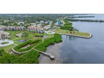 Aerial view of waterfront property with boardwalk at 303 Windrush Loop, Tarpon Springs, FL 34689