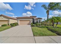 Charming home exterior with a two-car garage and neatly landscaped yard at 377 Cedar Falls Dr, Apollo Beach, FL 33572