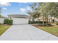 House exterior features a two-car garage and well-manicured landscaping at 10230 Old Tampa Bay Dr, San Antonio, FL 33576