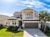 Two-story house with a two-car garage, landscaped lawn, and palm trees at 10551 Tranquil Meadow Loop, Riverview, FL 33569