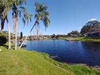 Tranquil lakefront property with lush landscaping and palm trees at 1291 S Disston Ave, Tarpon Springs, FL 34689