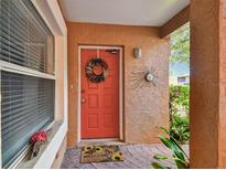 Inviting condo entry with terracotta-colored walls, a vibrant orange door, and a welcoming sunflower mat at 14816 Par Club Cir # 14816, Tampa, FL 33618