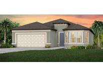 One-story home with neutral siding, two-car garage, and landscaped lawn at 36412 Sespe Creek Ct, Zephyrhills, FL 33540
